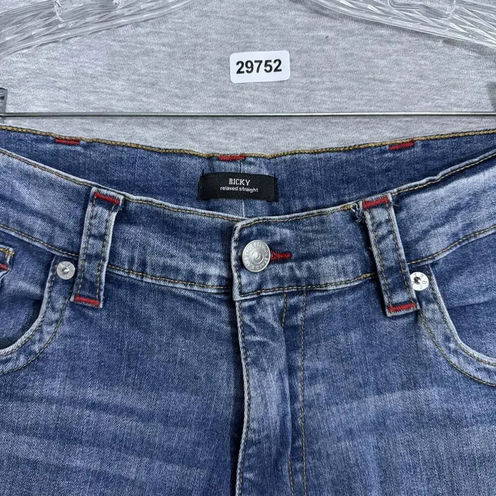 True Religion Men's 44 Blue Denim Ricky Relaxed Straight Leg Flap Pocket Jeans